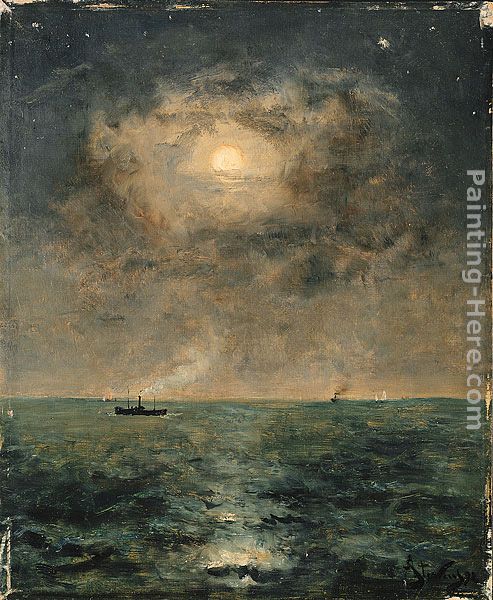 Moonlit seascape painting - Alfred Stevens Moonlit seascape art painting